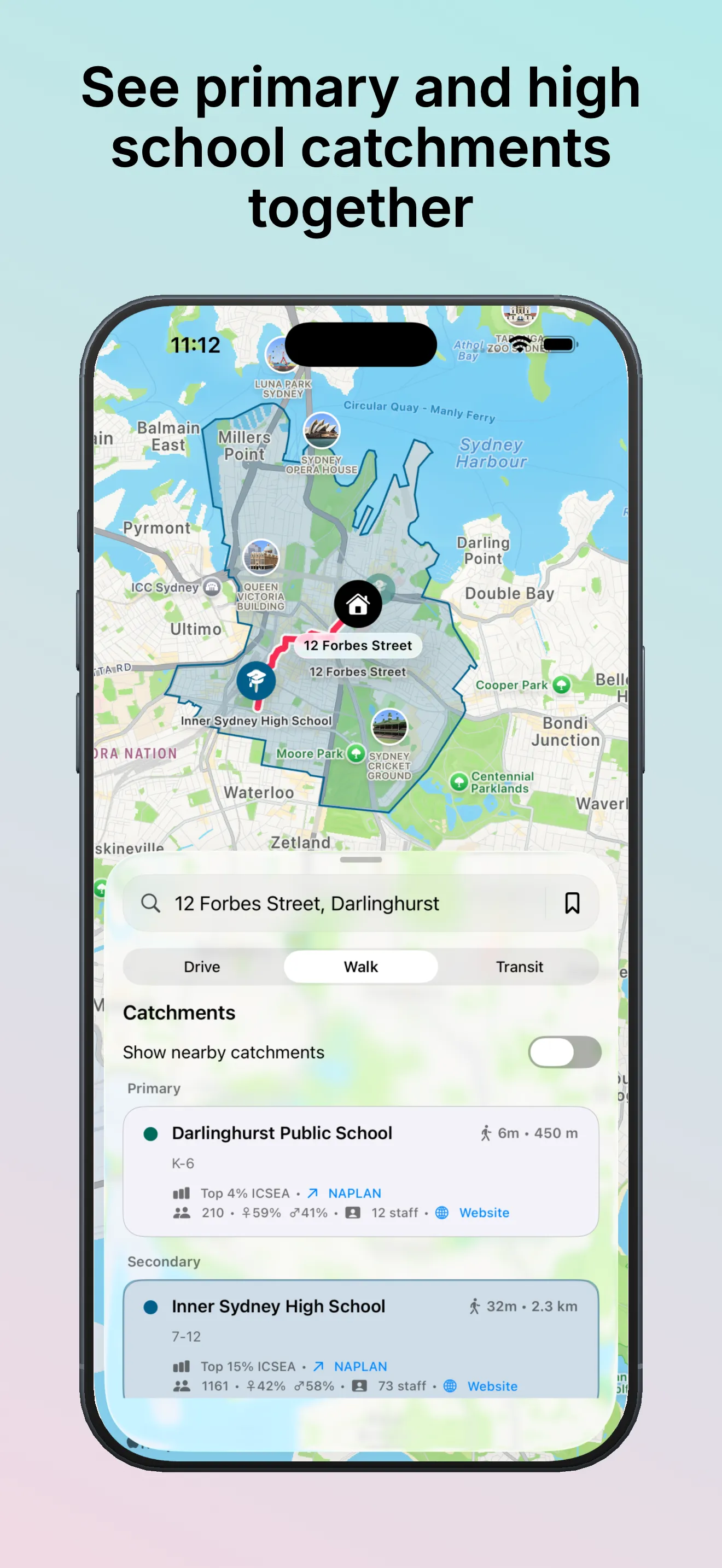 School Catchments 宣传截图，显示 Darlinghurst 的 12 Forbes Street 对应的小学和中学学区