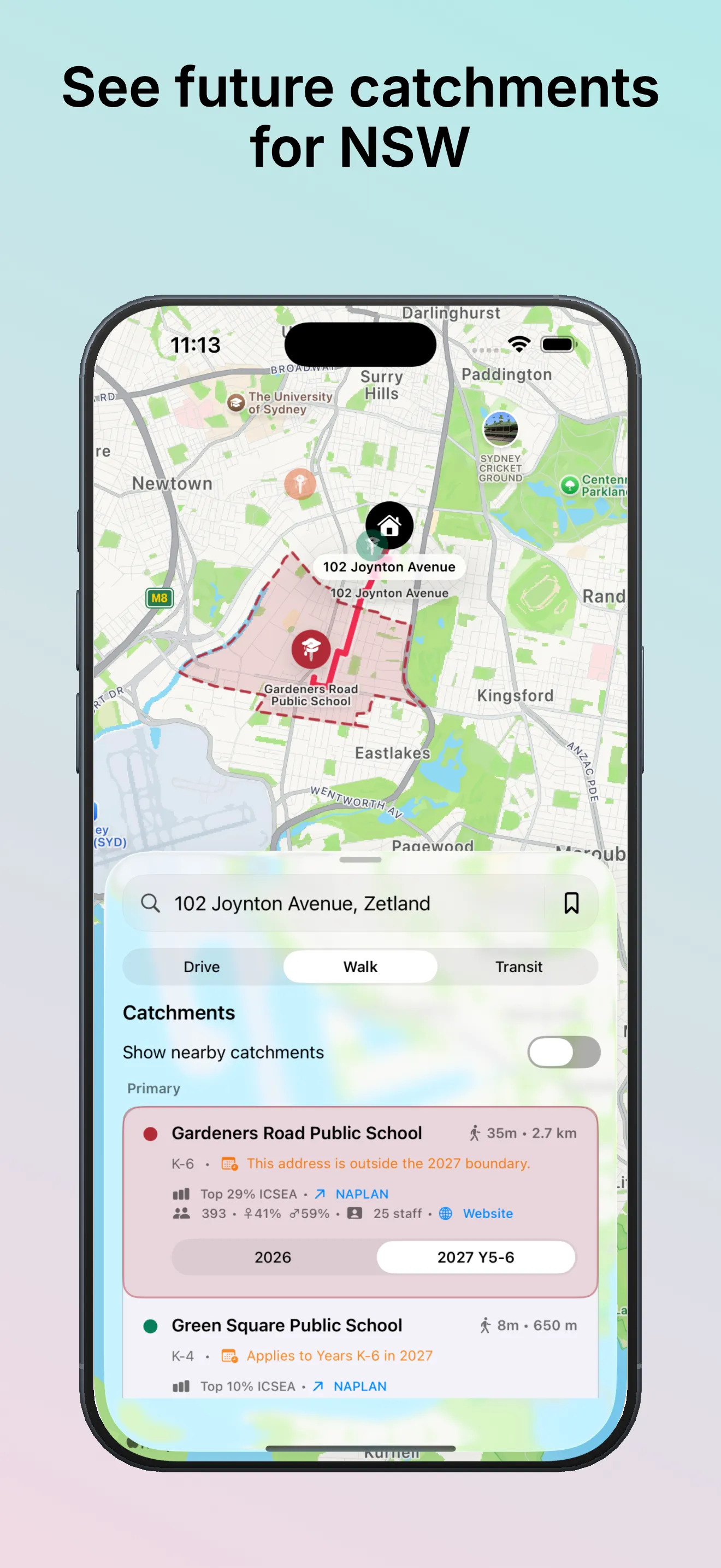 School Catchments 宣传截图，显示 Zetland 的 102 Joynton Avenue 对应的 NSW 未来学区