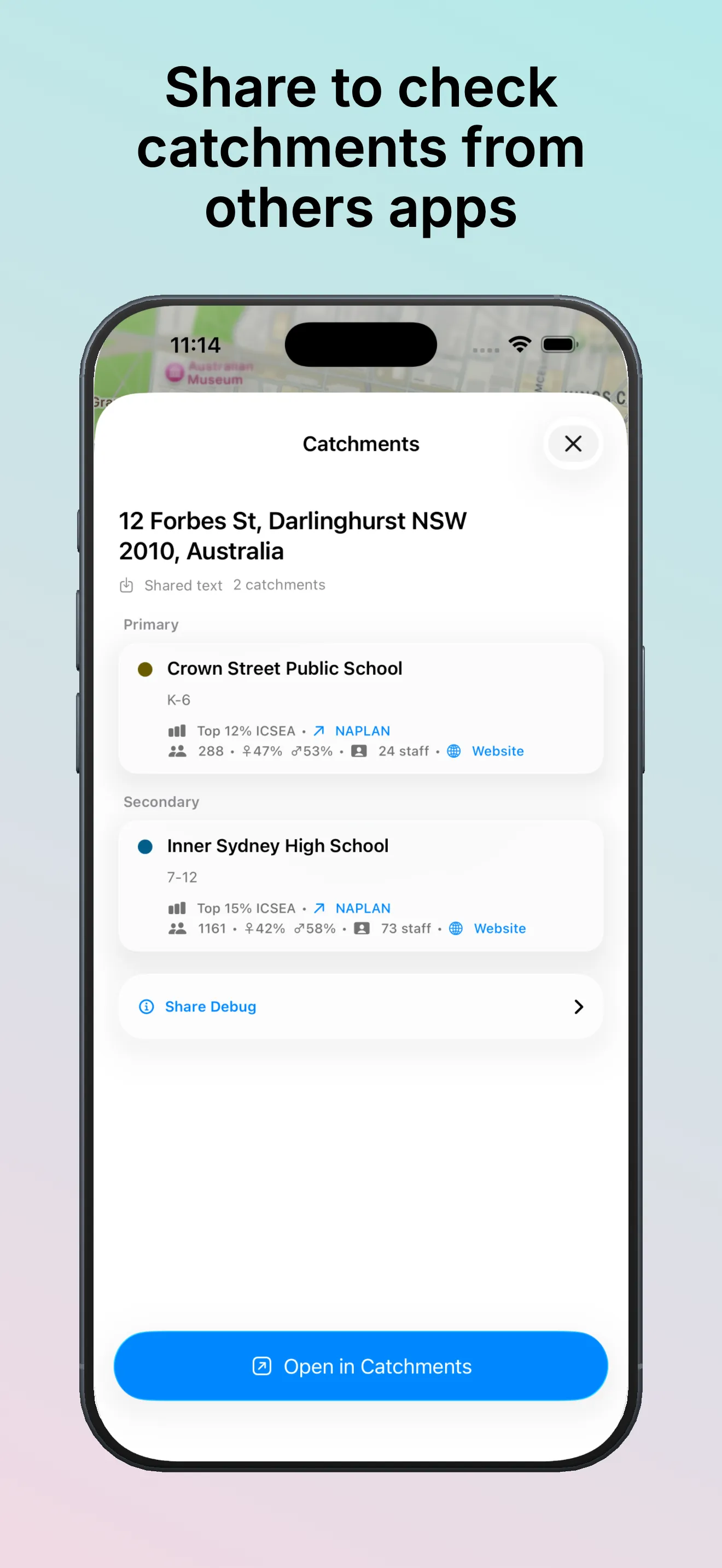 School Catchments 宣传截图，显示从另一个 iPhone 应用分享地址后查看学区