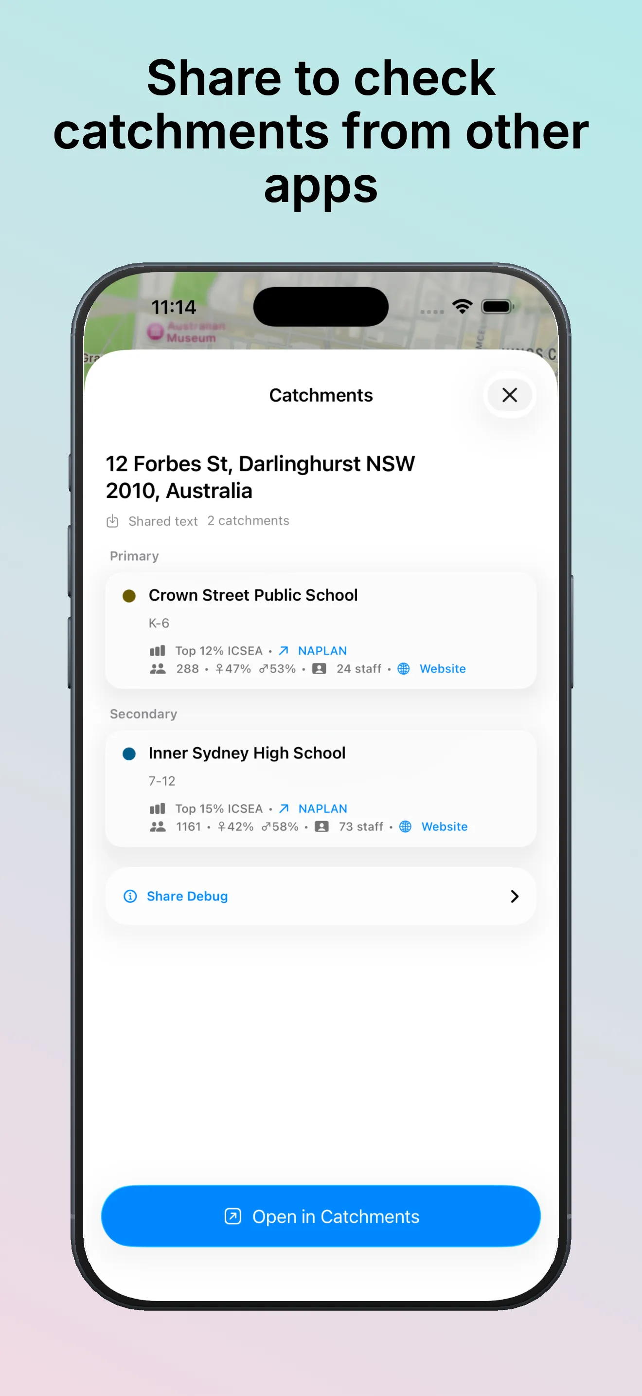 School Catchments promotional screenshot showing catchments shared into the app from another iPhone app